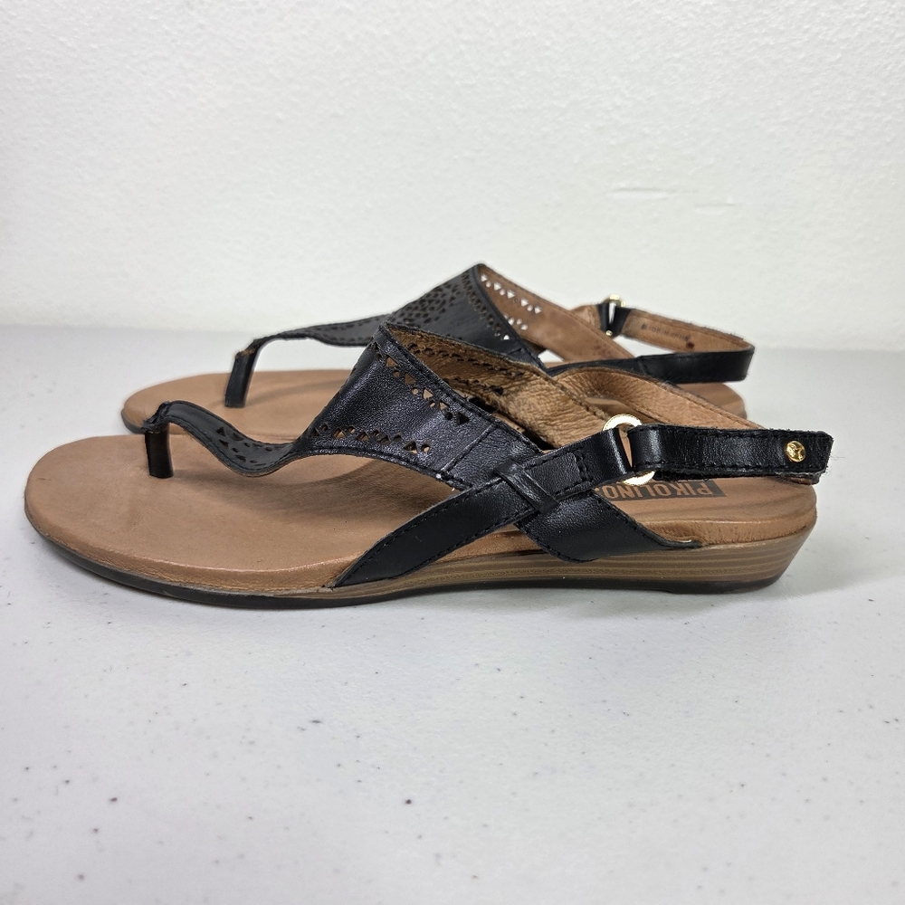 Pikolinos Black and Tan Women's Thong Sandals Lazer Cut-out - Picture 7 of 16